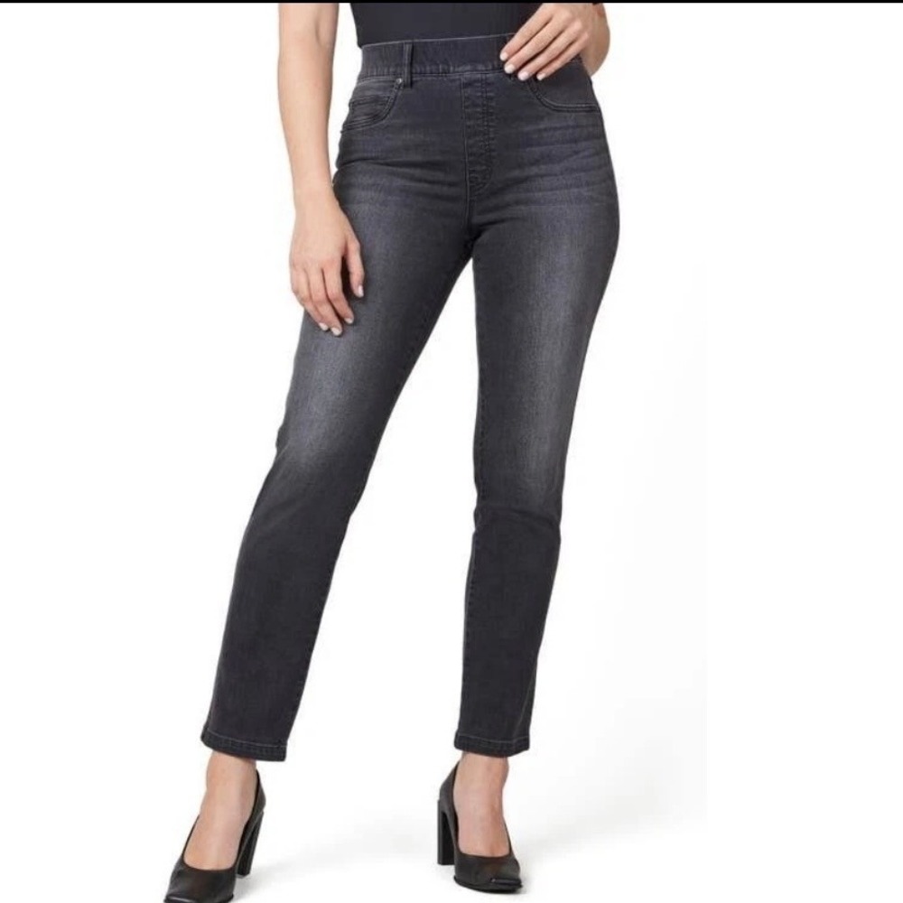 Spanx Ankle Straight Leg Jeans L Vintage Black Skinny Pull On‎ Shapewear